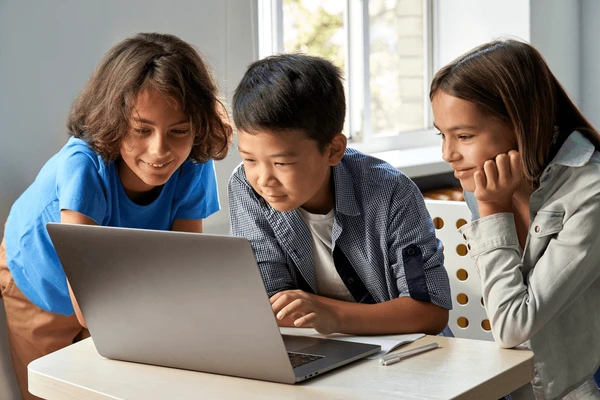 Kids at computer lab stock image